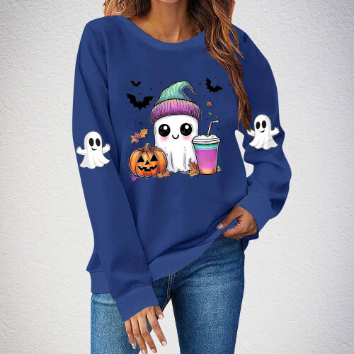 Halloweentröja höst långärmad rolig spöke rund halsringning läskig raglanpullover med grafisk design 1