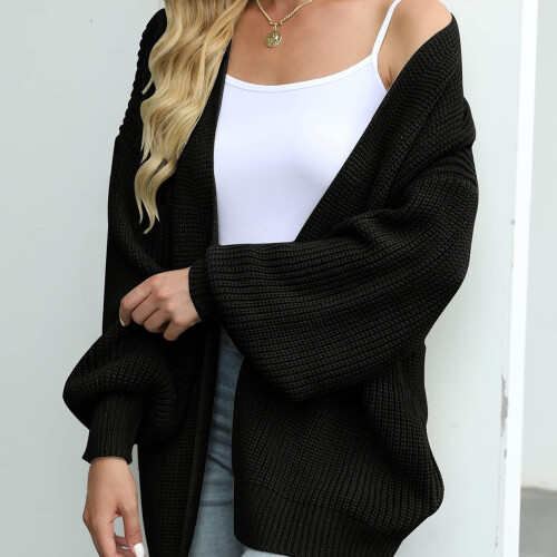 Γυναικεία πλεκτή ζακέτα με μανίκια φανάρι, oversized, ντραπέ πανωφόρι και τσέπες 2