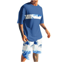 Conjuntos de pantalones cortos para hombre, conjuntos de 2 piezas, cuello redondo, estampado deportivo, ajustado, cintura elástica, blusas de manga