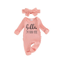 Nyfødt Baby Pige Dreng Romper Hej JEG ER NY HER Print Langærmet Ribbet Bodysuit Coming Home Efterår Vintertøj
