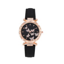 Arredamento per la casa, Orologio da polso da donna in pelle, elegante e semplice, con farfalla e strass fluttuanti, analogico al quarzo, nero.