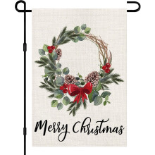 Weihnachtskranz-Gartenflagge (30 x 45 cm), doppelseitig, aus Jute, winterliche Weihnachtsdekoration für Garten und Hof, ideal für festliche