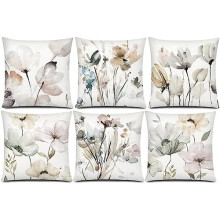 Fodere per cuscini 20x20 cm, marrone/bianco/grigio (6 pezzi), con stampa floreale ad acquerello, stile moderno rustico, compatibili con imbottiture