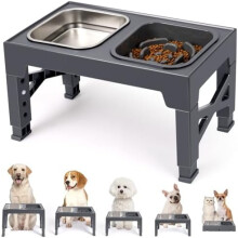 Ciotole rialzate per cani con sistema di alimentazione lenta e ciotola in acciaio inox, regolabili in 5 altezze (da 8 cm a 31 cm).