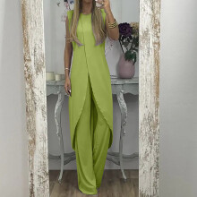 Conjunto de traje para mujer madura de 7 colores: blusa suelta sin mangas con abertura y pantalón de pierna ancha.