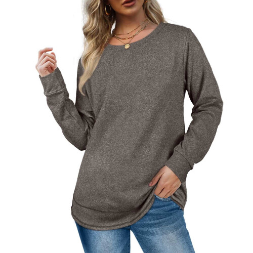 Langærmede T-shirts til kvinder, efterår/vinter, ensfarvede, rundhalsede pullovertoppe, grå 1
