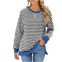 Blusa negra de manga larga para mujer, ideal para el verano de 2024. Blusa casual de manga larga con cuello redondo y estampado de rayas, de