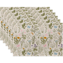 Sada 6 prostírání s motivem divokých květin, vintage botanický design, protiskluzové a žáruvzdorné, omyvatelné pro vnitřní i venkovní