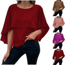 Sommerliche Damenbluse, fließende Chiffonbluse mit Cape-Ärmeln und Rundhalsausschnitt, einfarbig, modisches Tunika-Oberteil für Frühling und