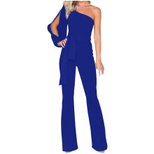 Lulshou Dam Blå XL Sommar Långärmad One-Shoulder Bandage Jumpsuit, Sparkdräkter & Overaller, Kompatibel med Casual Fashion