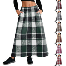Női szoknyák, hosszú, kockás gyapjú szoknya női téli, őszi, meleg, magas, rugalmas derékú, A-vonalú, bővülő, rakott gyapjú tartan