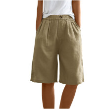 Pantaloncini da allenamento da donna, modello short shorts, estivi, con elastico in vita e bottoni, casual, in lino, con tasche, taglie S-3XL