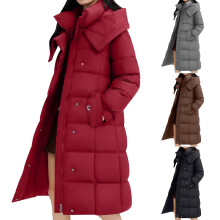 Plus Size Pufferjacka Dam Enfärgad Tjock Huva Lång Över Knäet Ner Långärmad Quiltad Jacka, Dam Vinterkappor, Trenchcoat Dam, Röd, L