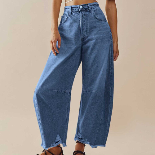 Γυναικείο τζιν παντελόνι Baggy Wide Leg για γυναίκες, με ψηλή μέση, κοντό τζιν με τσέπες,