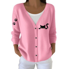 Damen-Cardigan, leicht, lässig, langärmelig, Strick, Knopfleiste vorne, V-Ausschnitt, Blumen- und Katzenprint, Z2-Pink, XL