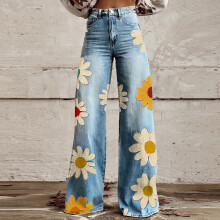 Pantaloni da donna stampati, casual, con cerniera, bottoni e tasche - Pantaloni eleganti, funzionali e alla moda, offerta a tempo limitato a meno di