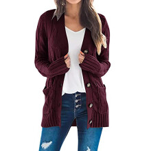 VERUGU Damen Langarm-Strickjacke mit Zopfmuster, offener Knopfleiste und Taschen