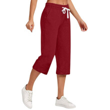 VERUGU Damen Caprihose aus Baumwoll-Leinen-Mischgewebe, lässige Sommerhose mit Kordelzug und Taschen, Rot XL – auch für große Größen geeignet