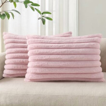 Fodere per cuscini lombari in pelliccia sintetica 12x20, set da 2, fodere decorative a righe in peluche per divano e soggiorno – Rosa cipria
