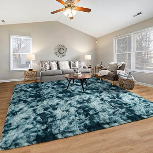 Χαλί Fluffy Tie-Dye Peacock Blue 3x5ft – Υπερ-μαλακό, αντιολισθητικό και πλενόμενο, συμβατό με 1