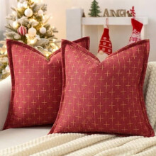 Fodere per cuscini natalizie 45x45 cm, set da 2, rosse, in morbido poliestere testurizzato con bordo a volant – Accogliente decorazione in stile