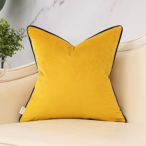 Capa de almofada decorativa amarela em veludo com listras e patchwork, estilo moderno, 50x50cm (20x20 polegadas), ideal para sofá, quarto, sala de 1