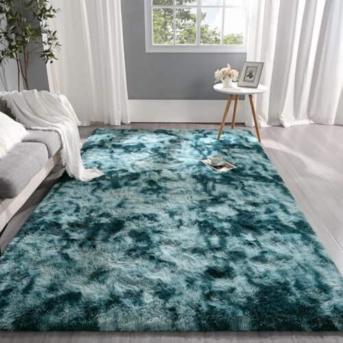 Χαλί Fluffy Tie-Dye Peacock Blue 3x5ft – Υπερ-μαλακό, αντιολισθητικό και πλενόμενο, συμβατό με 2