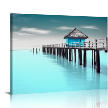 Obraz ścienny na płótnie w kolorze turkusowo-niebieskim z motywem nadmorskim, czarno-biały pejzaż z mostem na plaży – 20x16"/16x12",