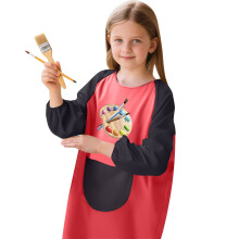 Kids Art Smock Cartoon Print Long Sleeve Round Neck Red