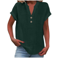 VERUGU Blusa feminina de manga curta com decote em V, em algodão e linho, modelo básico liso com botões, ideal para o verão. Blusa túnica