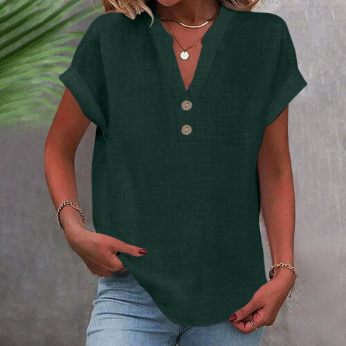 VERUGU Γυναικεία Μπλούζα με Κοντομάνικα, V-Neck, Βαμβακερά, Λινά Πουκάμισα, 1
