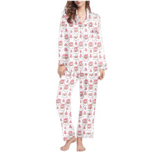 Damespyjamaset met kerstmanprint, lange mouwen, kraag, topje en broek, 4-way stretch, feestelijke loungewear, maat S-2XL