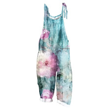Női bohém virágmintás overál - nyári, előmosott bambusz modális retró V-nyakú, megkötős ujjú, hát nélküli mintával, S-2XL