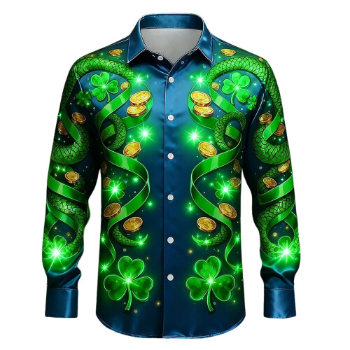 Loose Blouses St Patrick's Day Digital Print Lapel Button Tops