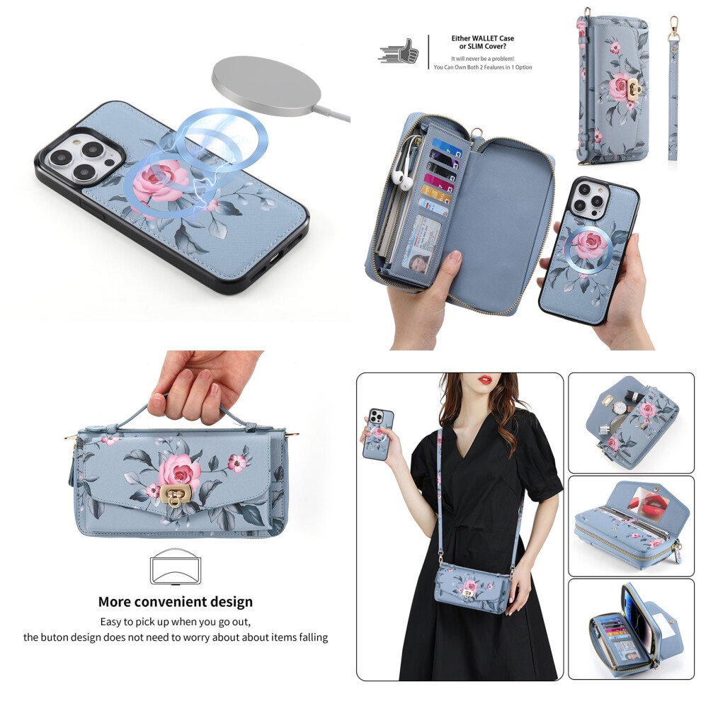 Compatible With Iphone 14 Pro Max Crossbody Wallet Case, Magsafe Charging, Flower Pu Leather, Rfid Blocking, Multi-Card Slots, Zipper, Grey 9058772129246