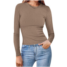 Blusas básicas femininas de manga comprida com gola redonda e modelagem slim fit para o outono - Tamanhos grandes disponíveis em cores sólidas e