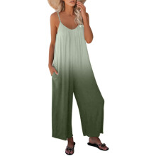 Macacão feminino folgado sem mangas com alças finas ajustáveis, calça comprida elástica, estampa degradê, modelo casual com bolsos, em
