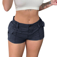 Pantaloncini cargo in denim da donna, pantaloncini in jeans elasticizzati da donna, mini shorts a vita media, shorts in denim elasticizzati con