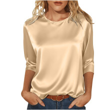 Satin-Pullover für Damen – 3/4-Ärmel, Rundhalsausschnitt, einfarbig, bequeme Freizeitkleidung, schmeichelhafte Passform (geeignet für