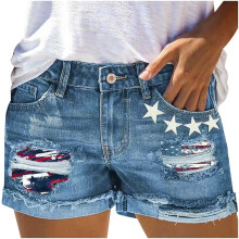 Patriottische gescheurde jeansshorts voor dames, zomer 2025, shorts met knoopsluiting en rits, middelhoge taille, denim shorts met zakken, blauw