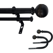2,5 cm dobbel gardinstang med sobelknopper og holdere (225-300 cm, svart gull)