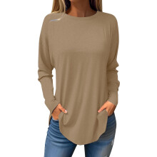 Damen Langarm-Tops, Rundhals-Tuniken, Blusen, einfarbige modische Smock-Shirts, locker sitzende T-Shirts, Sweatshirts, Frühlings- und