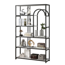 Bibliothèque haute à 6 niveaux avec structure en métal noir et étagères en bois, étagère blanche pour chambre/salon/bureau – Compatible avec