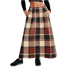 Dámska kockovaná midi sukňa s elastickým pásom a vreckami, 50 % vlna, 50 % polyester, vysoký pás, áčkový strih, plus veľkosť S – 2XL,