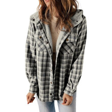 Giacca shacket da donna a quadri, maniche lunghe, con bottoni, in pile e cappuccio, cappotto caldo