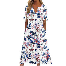 Abito estivo da donna con scollo a V, maniche corte, stampa floreale, vita arricciata e abbottonatura frontale, stile boho.