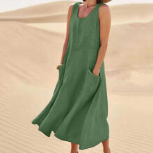 Kleider für Damen, lässiges ärmelloses Leinenkleid mit V-Ausschnitt, langes, fließendes Strandkleid, Maxikleid mit Taschen