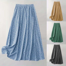 Damen-Maxirock, Damen-Maxirock mit kleinem Blumenmuster, lockerem Schnitt, lässigem Schlitz vorne, mittellang, blau, Größe M