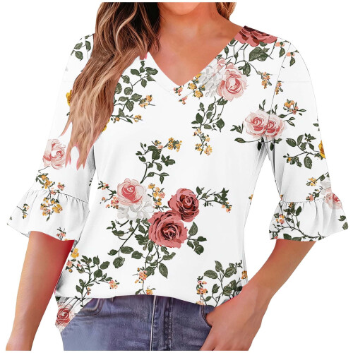 Γυναικεία Μπλούζα με V-Neck, Σχέδιο και Βολάν, με Πιέτες και Άνετο Ύφασμα – Ελαστική