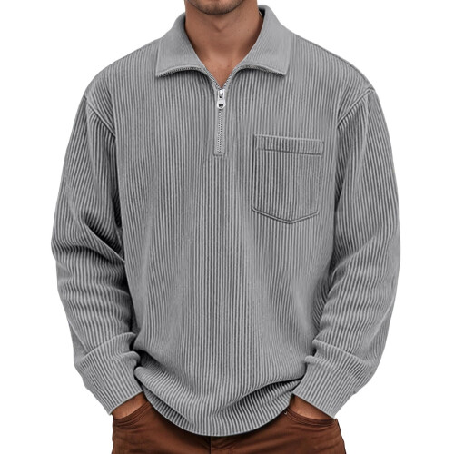 Shirts for Men Corduroy Long Sleeve Solid Collared Tops Zipper Pullover Textured Sweatshirt